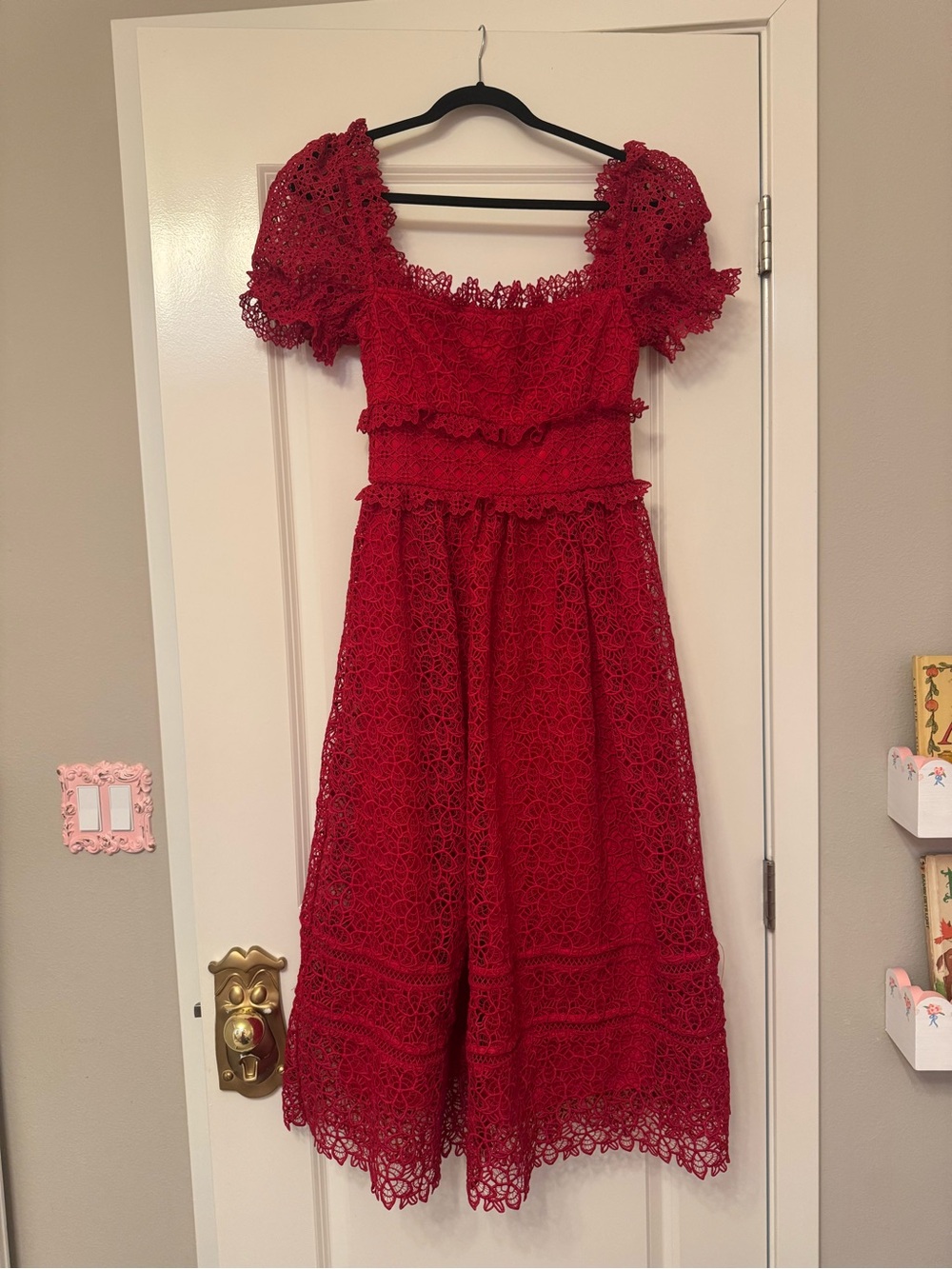 Self Portrait Red Lace Midi Dress with Puff Sleeves